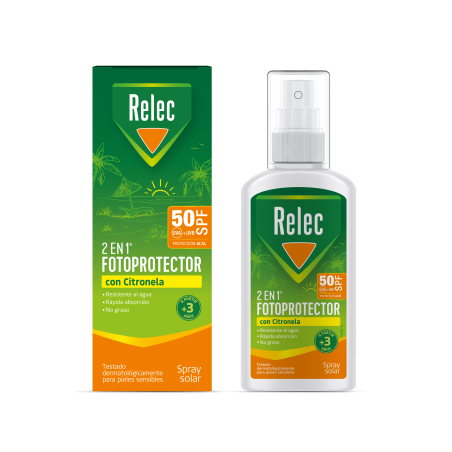 Relec 2 en 1 fotoprotector con citronela FPS 50| Farmacia Tuset